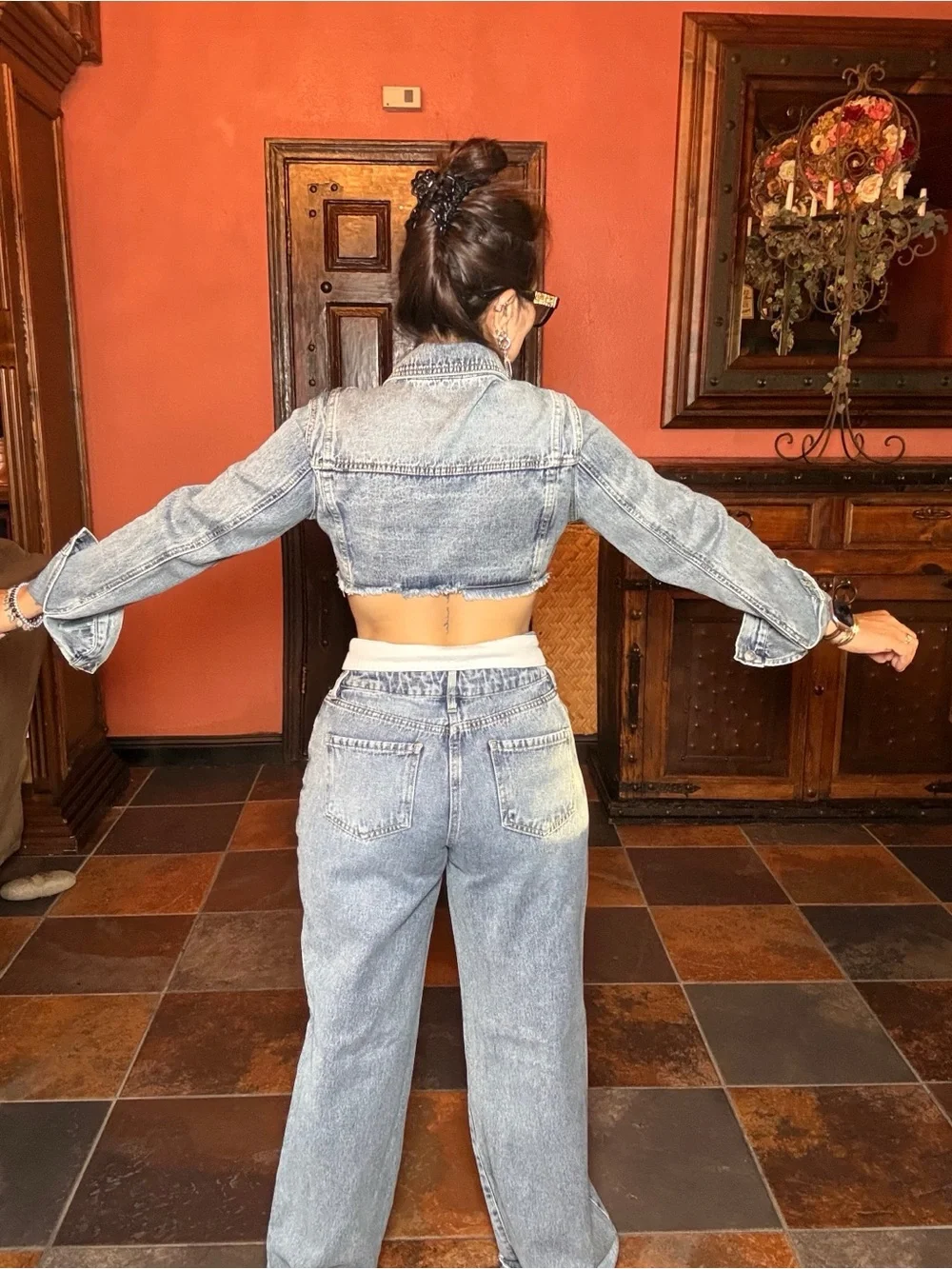 Fashion Nova Light Blue Cropped Denim Jacket & High-Waist Jeans Set